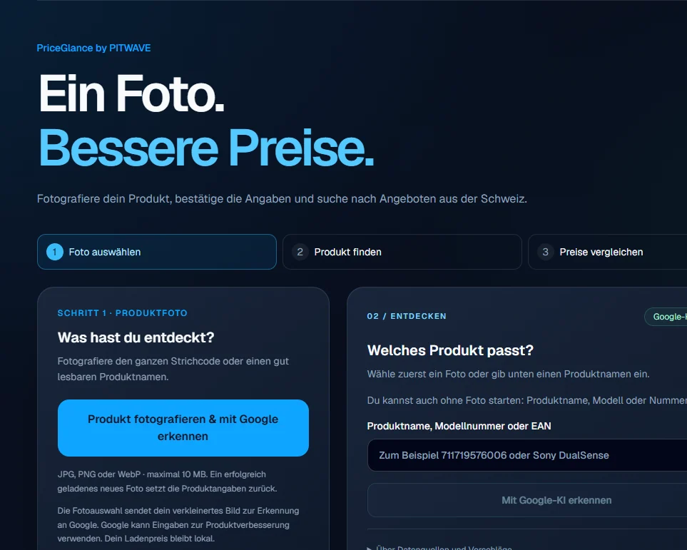 Aktuelle PriceGlance-Prototyp-Oberfläche mit Produkterkennung und Schweizer Angebotssuche